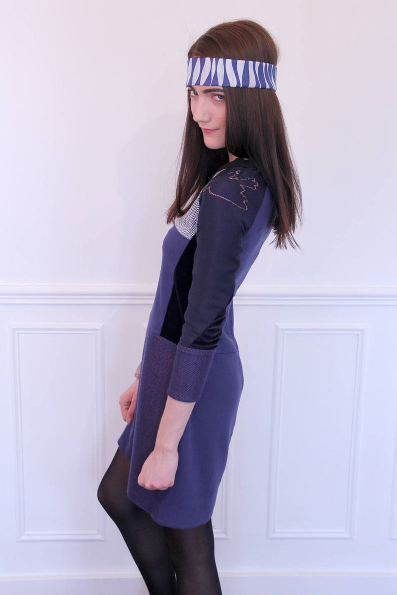 Long sleeves dress in cut-out wool. navy blue and purple image 3