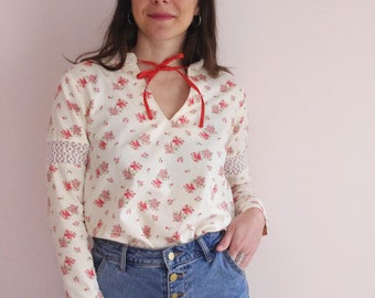 NEW-Blouse imprimée fleurie et dentelle