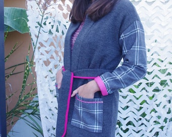 Long kimono style vest in gray and pink checked wool