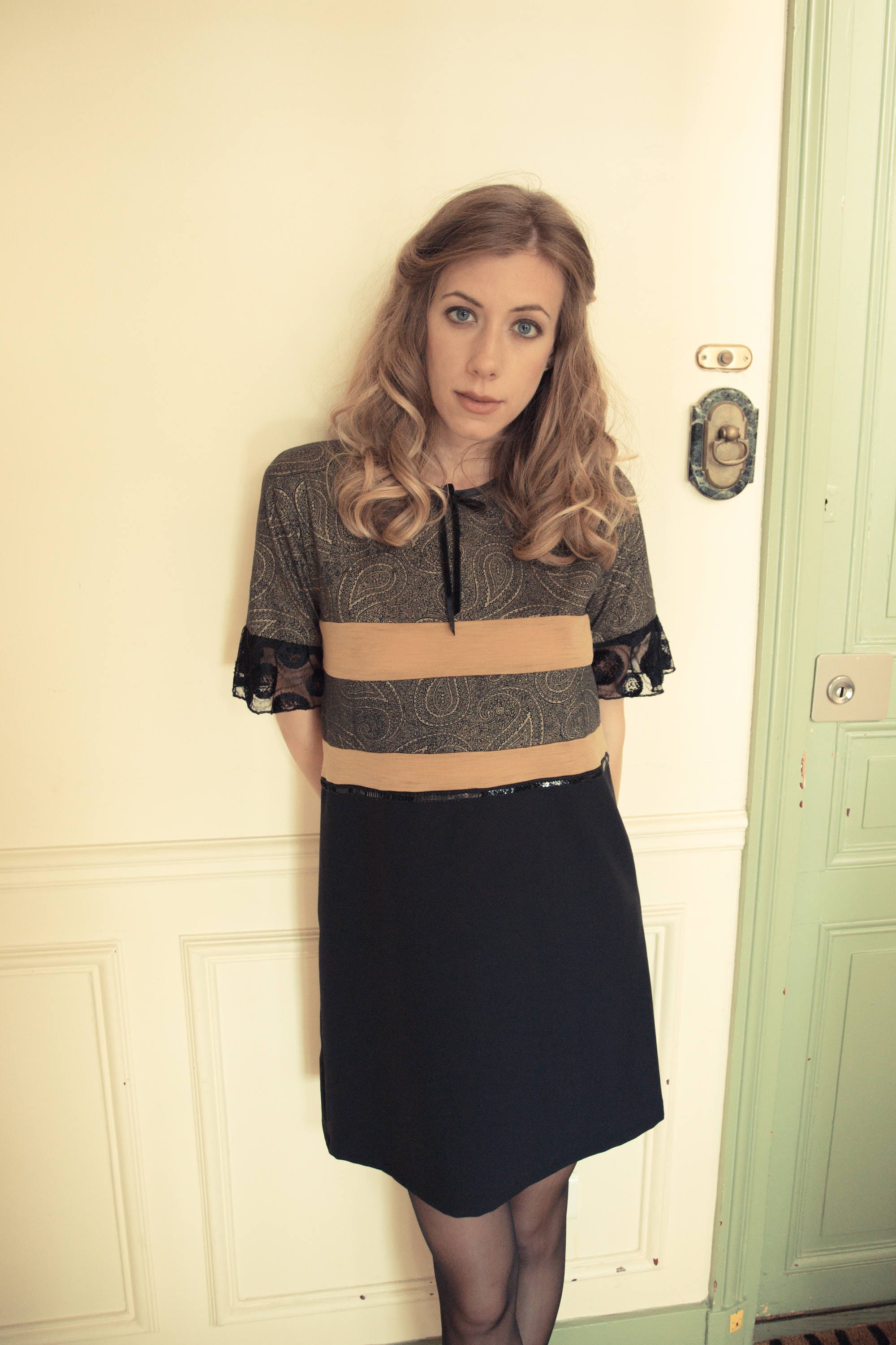 black and gold lace dress with sleeves Betsy & Adam Women's Plunge-Neck Blouson-Sleeve Gown - Black/Gold main image 1