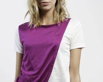 Purple and white asymmetrical top in flowing linen knit