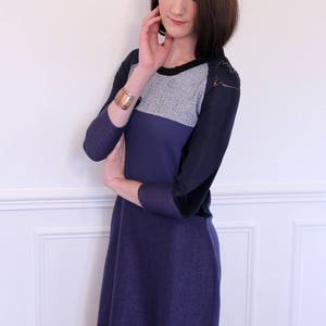 Long sleeves dress in cut-out wool. navy blue and purple image 4