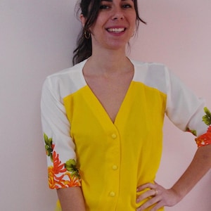 Chemisier Manches Courtes En Mousseline De Soie - Taille 40/42 - Jaune Fleuri - Neuf Qualité Supérieure