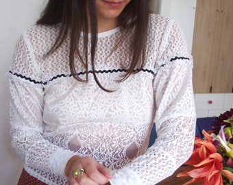 Romantic white lace patchwork blouse