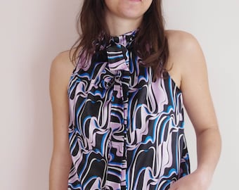 NEW-Fluid retro printed top, tied at the collar