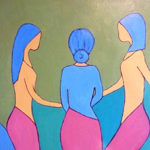 May include: Three figures in a painting, each with a blue head covering and pink clothing. The figures are standing in a green background.