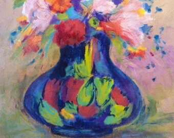 Original Acrylic Still Life Painting on Gallery Canvas, Canadian Artist, 11" x 14", Mixed Bouquet in a Moorcroft Vase, Floral Modern Art