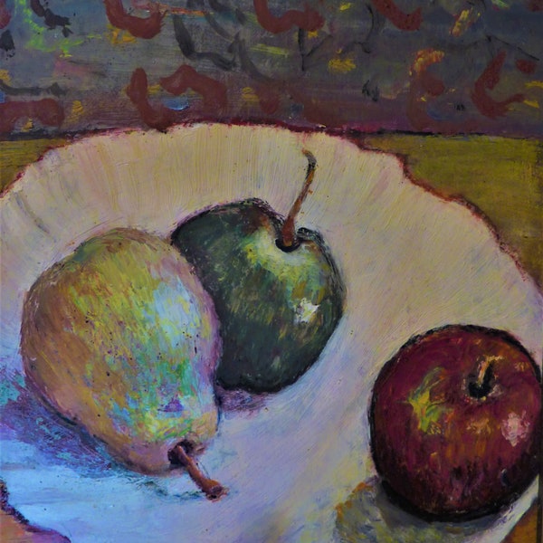 Peinture à l'huile originale sur panneau, nature morte aux pommes et poires signée par l'artiste, passe-partout, cadre en bois 12,75 x 14,75 po, la peinture est 20 x 10 po