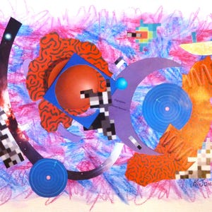 Collage originale di carta tagliata a mano con tecnica mista e acquerello astratto su carta per acquerello, 11" x 14", collage moderno