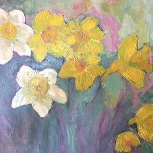 Original Acrylic Painting on Canvas, Dafodils Floral Landscape, Textured Palette Knife Painting, Impasto, 20" x 16", Impressionist Painting