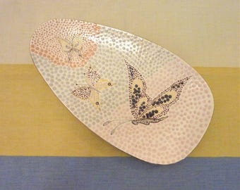Signed MCM Art Pottery Platter: Handpainted Butterflies, Geometric Design