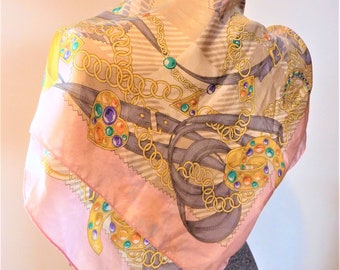 Beautiful 1980s Large Silk Scarf, Stylized Gold Chain and Jewel Print, Hand Rolled Hems, 34" Square Pink & Grey Silk Scarf