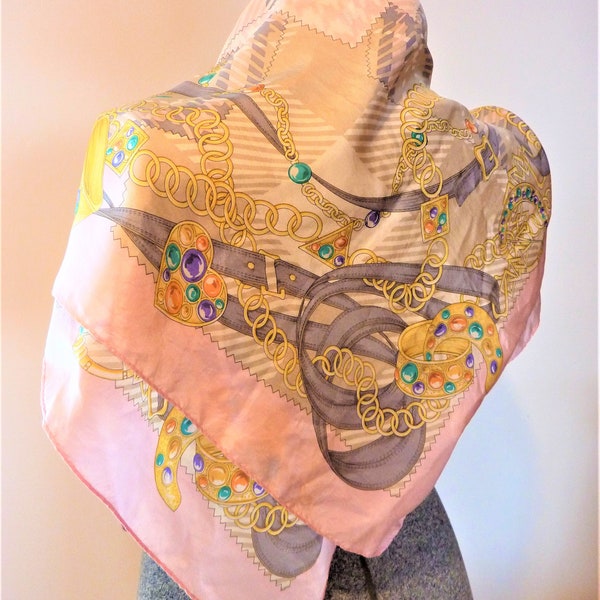 Beautiful 1980s Large Silk Scarf, Stylized Gold Chain and Jewel Print, Hand Rolled Hems, 34" Square Pink & Grey Silk Scarf