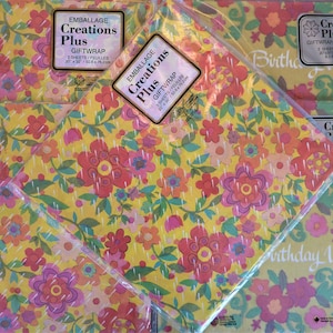 5 paquets d'emballages cadeaux vintage, fleurs toutes occasions, voeux d'anniversaire, emballages cadeaux Creations Plus, années 1970, fabriqué au Canada