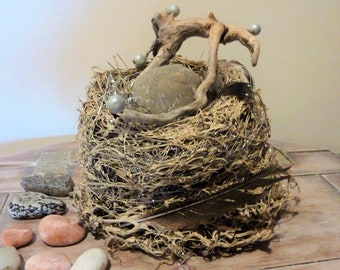 Large Real Bird's Nest Sculpture, Mixed Media, Found Objects, Canadian Artist, Signed, 6.5" High x 8" Wide, Natural Woodland Decor