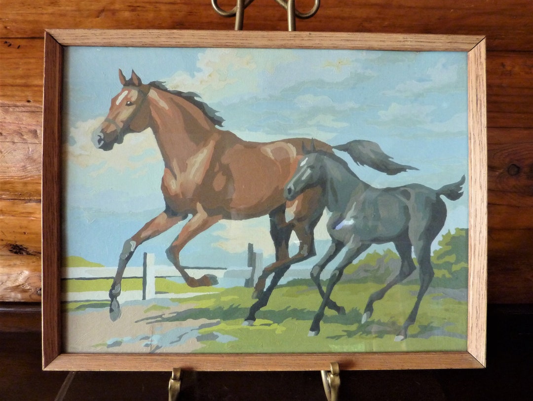 vintage paint by number painting, desert mustang horse picture in wood frame