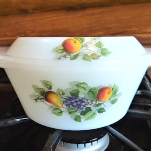 Arcopal Fruits de France Casserole Dish with Lid: 1970s Mid-Century Opal Glass