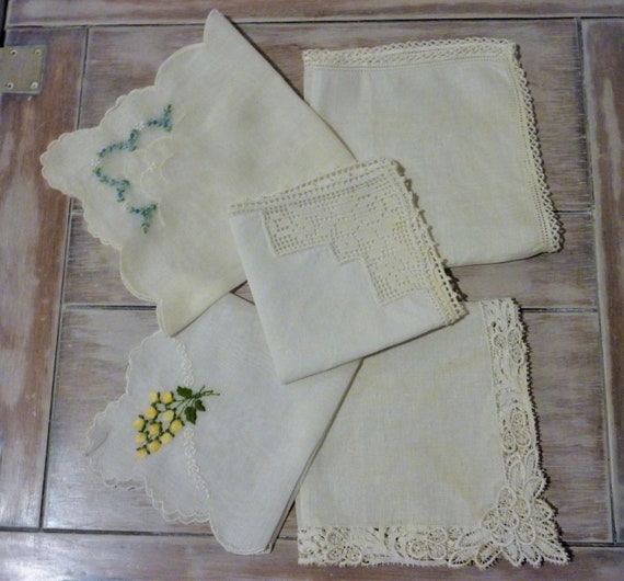 5 Lovely Vintage Hankies, Cotton Antique White Ha… - image 1