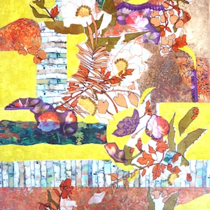 Collage botánico de tela: Arte abstracto de fibra sobre lienzo, 50 x 60 cm