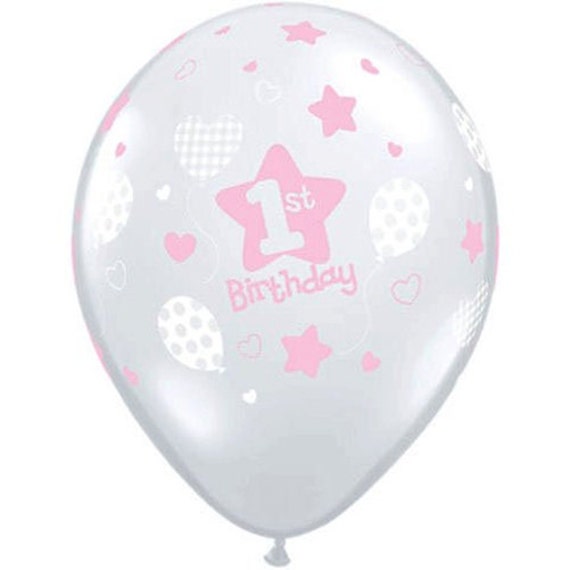 10 Pack 11 1st First Birthday Girl Pink Latex Balloons with Matching Ribbons