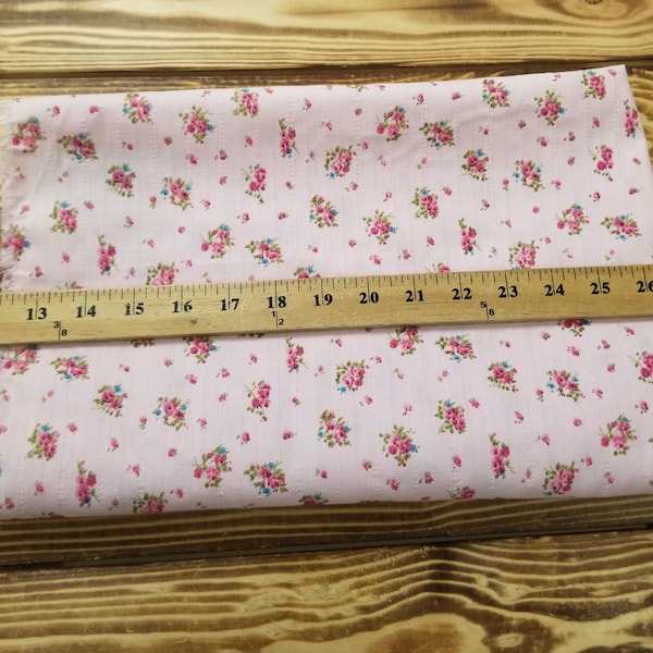 Designer Deadstock Vintage Cottage Roses Pink 100% Cotton Textured 3oz Lawn- Sold by the yard