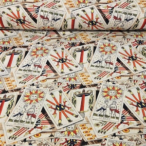 Designer Deadstock Cotton Spandex Psychic Tarot Cards Le Soleil Shirting Poplin-by the yard
