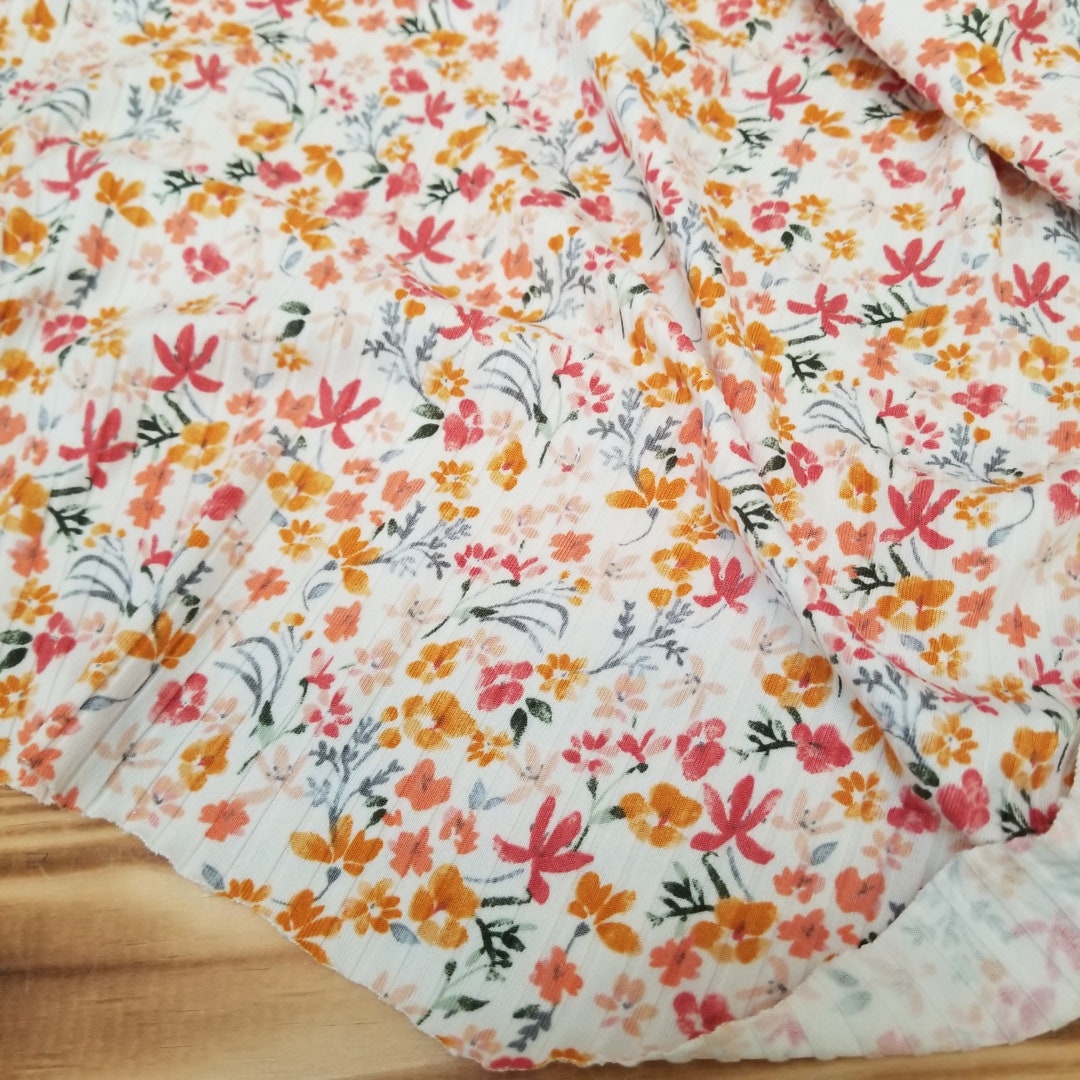 Double Brushed 8x2 Ivory Botanical Multi-floral Rib Knit sold by the ...
