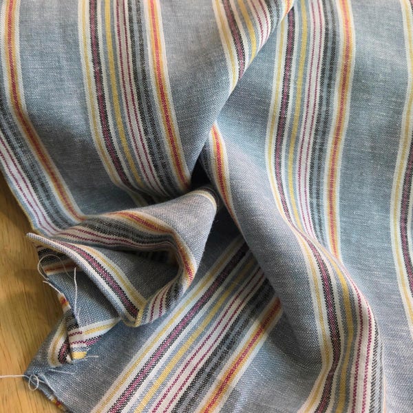 Designer Deadstock Linen Rayon Yarn Dyed Multi-Stripe Woven Red and Light Blue Woven- by the yard