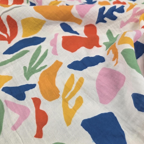 Designer Deadstock Geometric Cotton Double Gauze White Abstract Woven-price listed by the yard