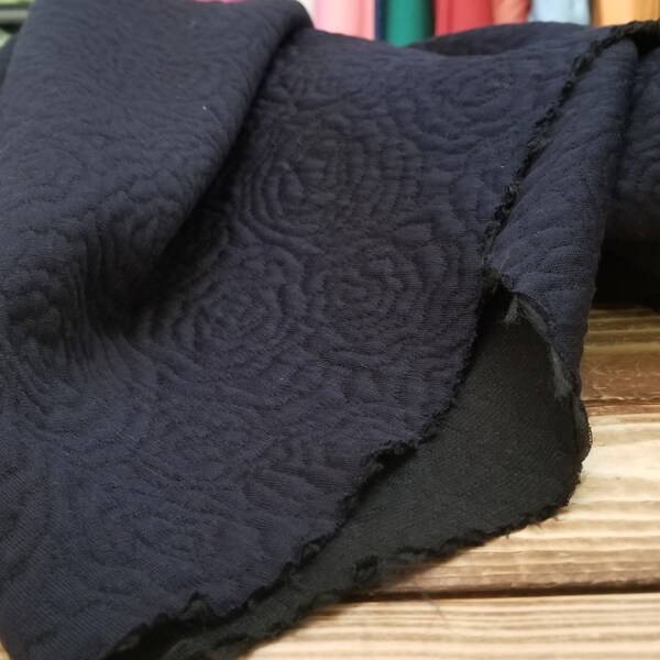 Designer Deadstock Rose Embroidered Dark Navy and Black Quilted Wool Blend Knit-Priced by the yard