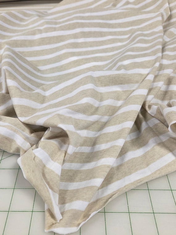 Designer Deadstock Organic Soft Cotton Jersey Oatmeal an Ivory Horizontal Stripe Knit- by the yard