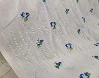 Designer Deadstock Cottage Core Embroidered Blue Floral and White Cotton Stripe Eyelet Woven- by the yard ( Continuous Cut)