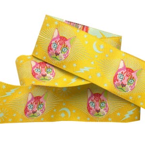 Ribbon: Cheshire Cat on Yellow-1- 1/2&quot;-Tula Pink Curiouser- by the yard