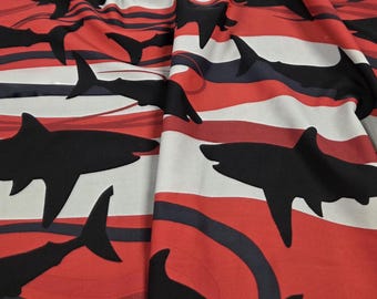 Nylon Spandex Sharks Activewear/Swimwear Black and Red Fashion Fabric Knit- Sold by the yard