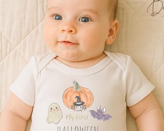 My First Halloween Baby Vest or Bodysuit: Pumpkin, Bat & Ghost Design
