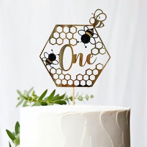 Bee Personalised Honeycomb Gold Cake Topper - One - Gold and Black