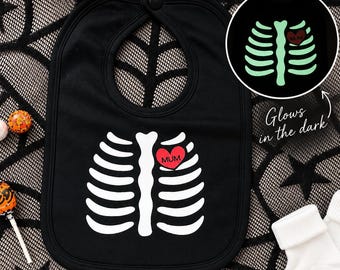 Skeleton Glow In the Dark bones rib and Heart Black Halloween Baby Bib