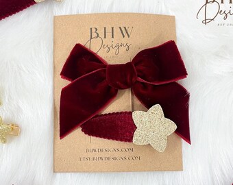 Red Velvet Hair Bow Clip Set: Gold Glitter Star Christmas Hair Accessories