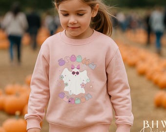 Spooky Season Kids Halloween Sweatshirt: Girl Blush Pink Crew Neck Fleece