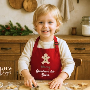 Personalised Children&#39;s Christmas Red Gingerbread Man Apron, Red Baking Apron, Gingerbread Man Little Helper