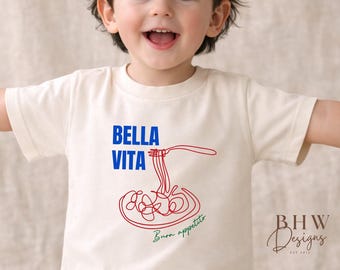 Kids Spaghetti Graphic Tee, Bella Vita Italian Summer Outfit, Cream Cotton Shirt