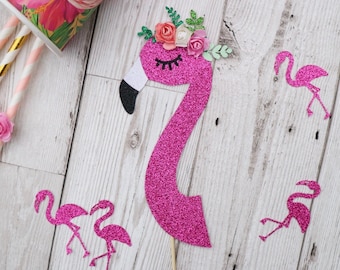 Flamingo Head Glitter flor Cake Topper - Cumpleaños - Tropical - Hawái