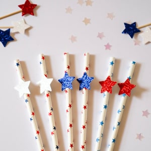 10 - Red, White and Blue Glitter Star Paper Straws - 4th July Party, America Celebration, Independence Day