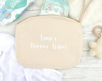 Personalised Name Baby Nappy and Wipe Bag 100% Organic Cotton - New Baby - Baby Gift - Pink - Blue - Cream