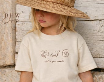 Kids Shell T-Shirt, Dolce Far Niente Graphic Tee, European Summer, Cream Cotton Toddler Shirt