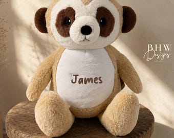 Personalised Meerkat Teddy Bear | Custom Name Soft Plush Toy | Grey Stuffed Animal Gift | New Baby, Christening Gift