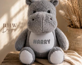 Personalised Hippo Teddy Bear | Custom Name Soft Plush Toy | Grey Stuffed Animal Gift | New Baby, Christening Gift
