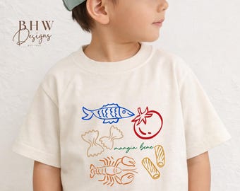 Italian Food Kids T-Shirt Mangia Bene, European Summer Cream Cotton Children’s Top