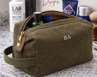 Personalised Waxed Canvas Toiletry Bag – Olive Green Leather Travel Wash Bag