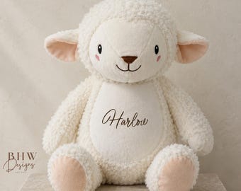 Personalised Lamb Teddy Bear | Custom Name Soft Plush Toy | Grey Stuffed Animal Gift | New Baby, Christening Gift
